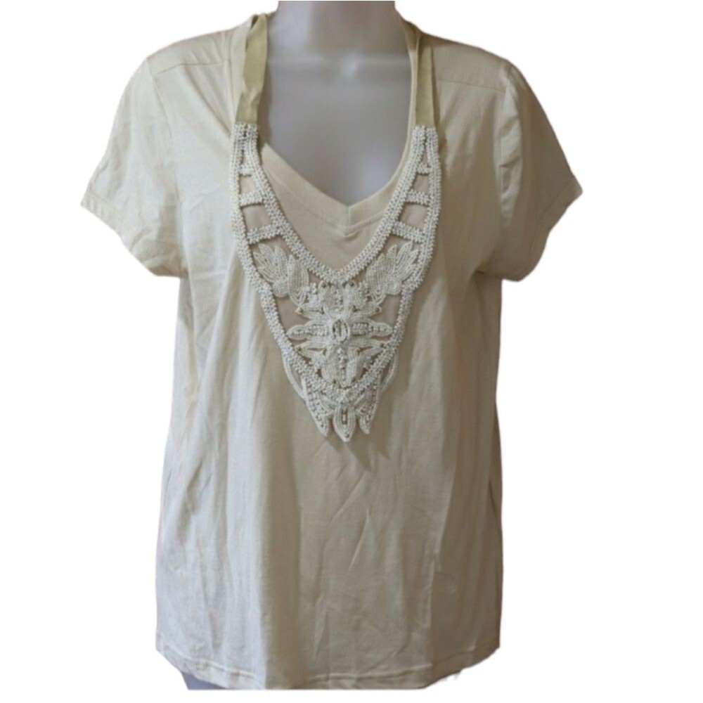 Haute Hippie Cream Heavily Beaded Yoke Collar Short Sleeve Top Medium